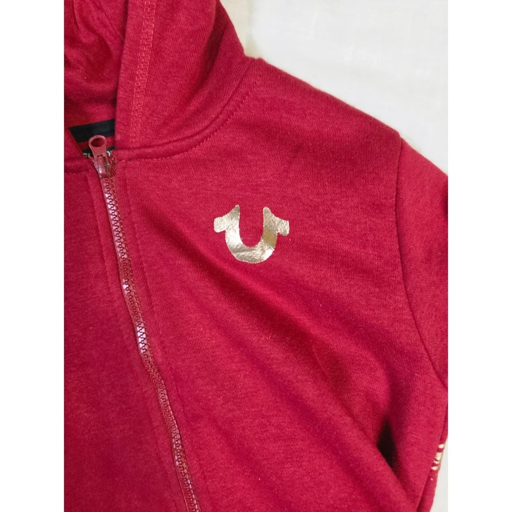 True Religion Boys Red Gold Metallic Horseshoe Logo Zip Up Hoodie Size M 10
